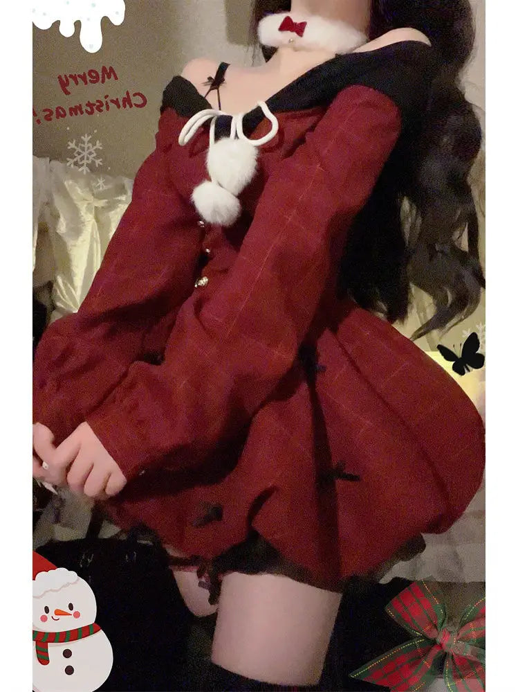 2025 Christmas Red Sweet Y2k Patchwork Women's Party Dress Slash Neck Long Sleeve Autumn Winter Ball Gown Dresses for Holiday