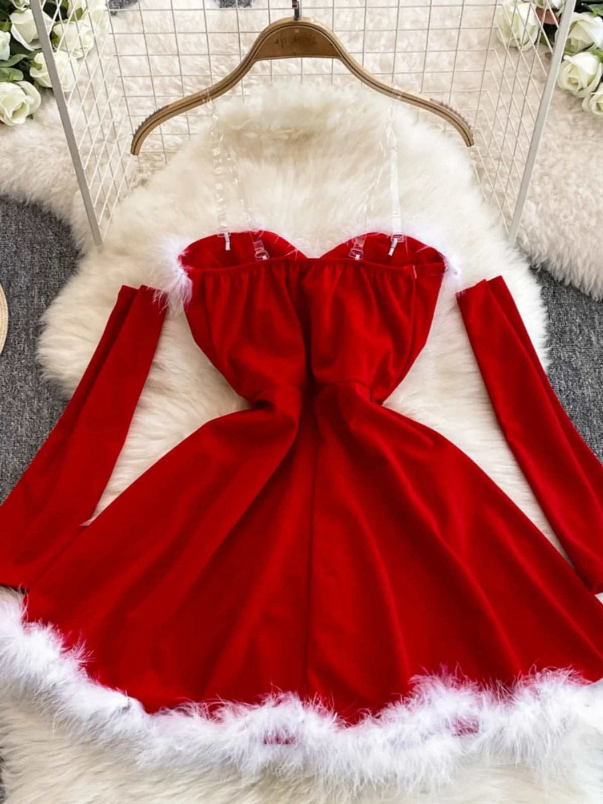 Foamlina Women's Christmas Dress Sexy Low-Cut Waist Thin Big Pendulum Fluffy Splicing Suspender Tube Ling Dress Red