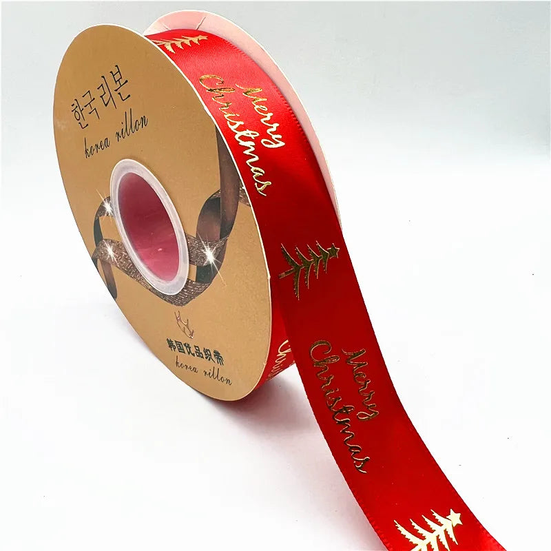 5yards 25mm Christmas Ribbon Printing Polyester Ribbon for Handmade Bow Party Christmas Decorations DIY Christmas Gift Wrapping