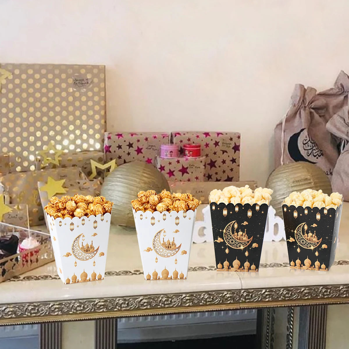 EID Popcorn Box Candy Bag Biscuit Gift Box Ramadan Decorations for Home 2024 EID Mubarak Islamic Muslim Party Decor Eid Al-Fitr