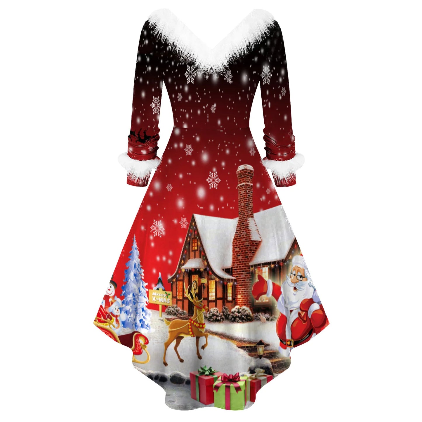 Christmas Party Long Dress Women Sexy V-Neck Red Swing Dress Winter White Plush Trim Pleated Asymmetric Midi Dress Santa Costume