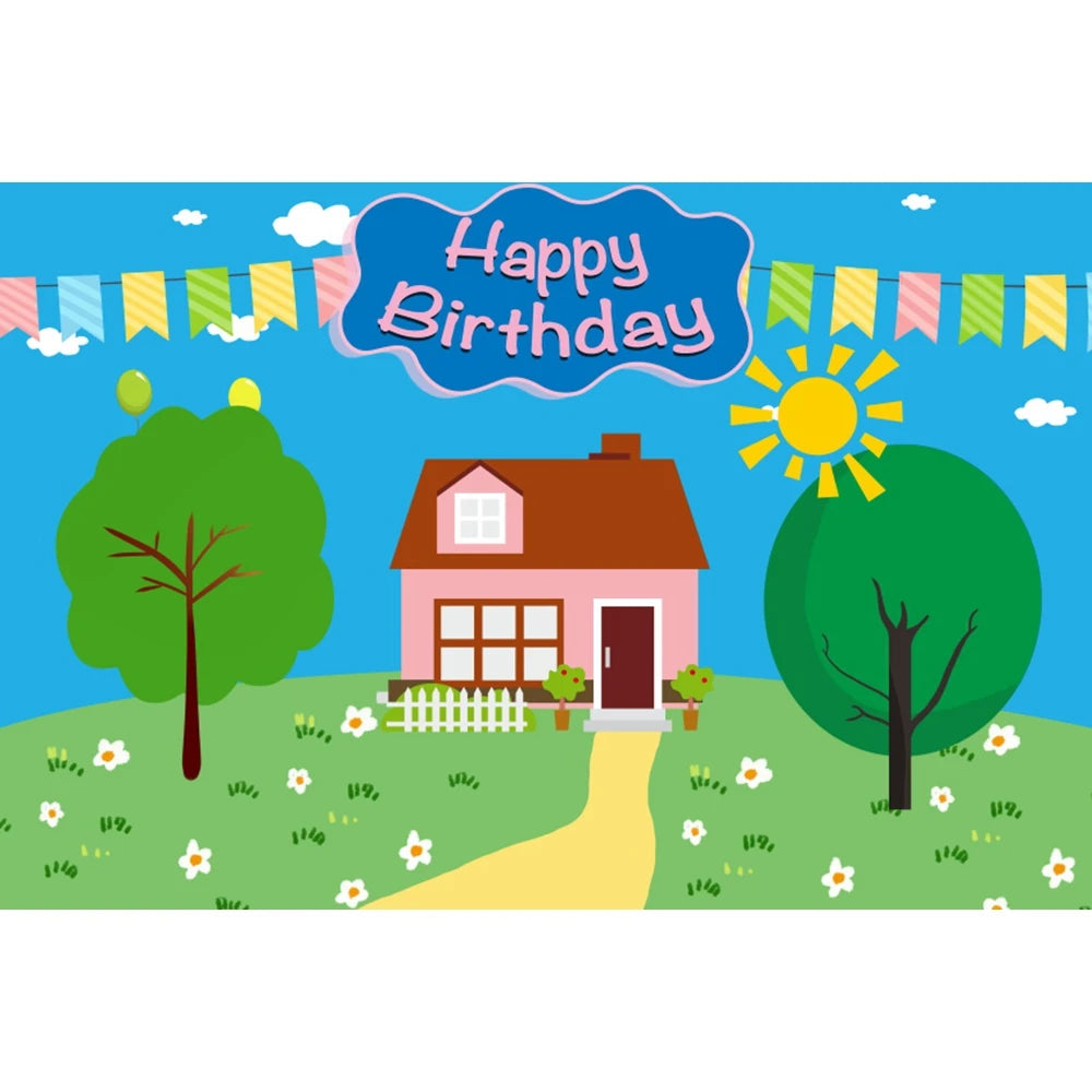 Spring Sky Cloud Tree Balloon Backdrop Children 1th Birthday Party Baby Shower Blue Banner Pig House Photography Background