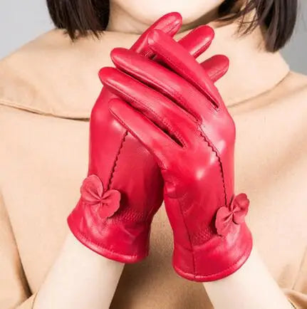 2020 Women's Genuine Leather Gloves Red Sheepskin Gloves Autumn and Winter Fashion Female Windproof Gloves