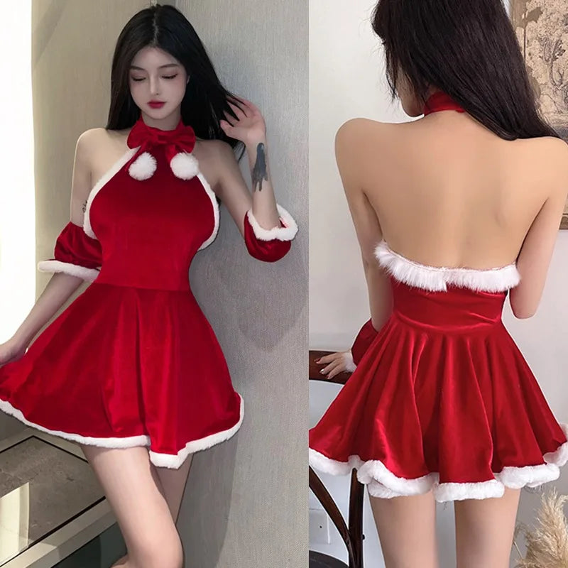 Christmas Sexy Dress Red Lace-Ups Slim Winter Sexy Slim Cute Red Dresses Patchwork Bow Christmas Sweet Dress