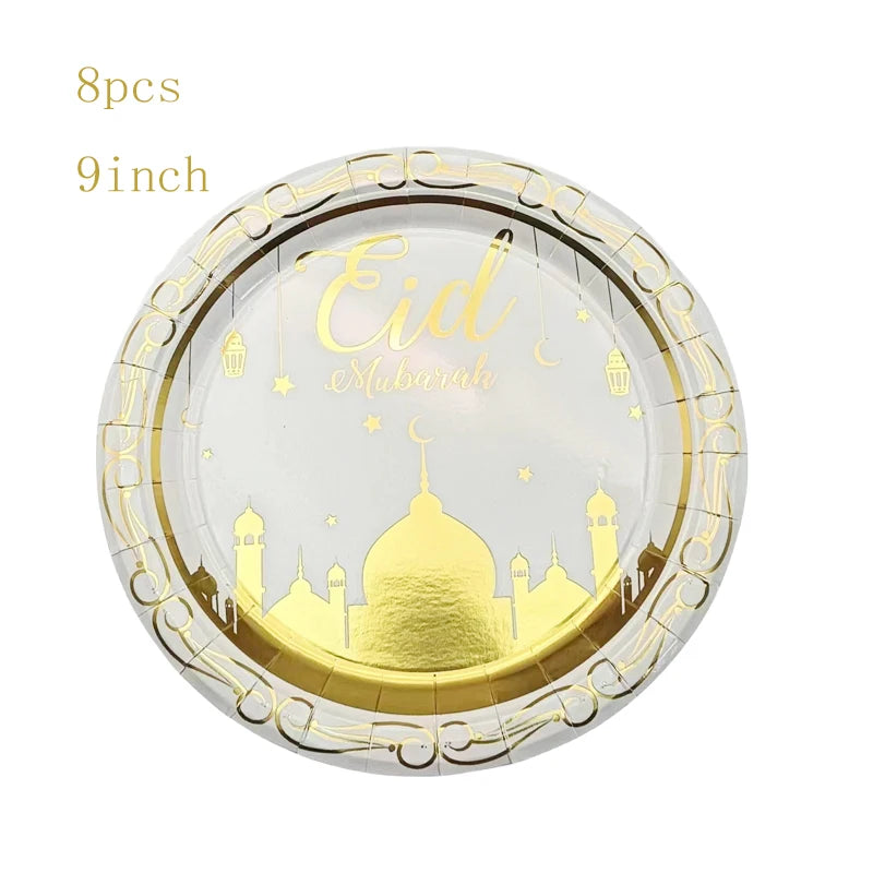 Hot Stamping Eid Mubarak Disposable Paper Plate Cup Napkin Islamic Muslim Eid Al Adha Home Party Decor Ramadan Kareem Supplies