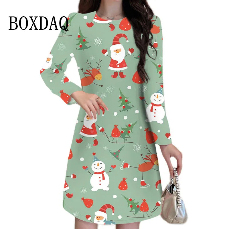 Cartoon Cute Print Women Dress Long Sleeve Santa Claus Pattern Christmas Dress Autumn Winter Casual Party Mini Dresses Plus Size