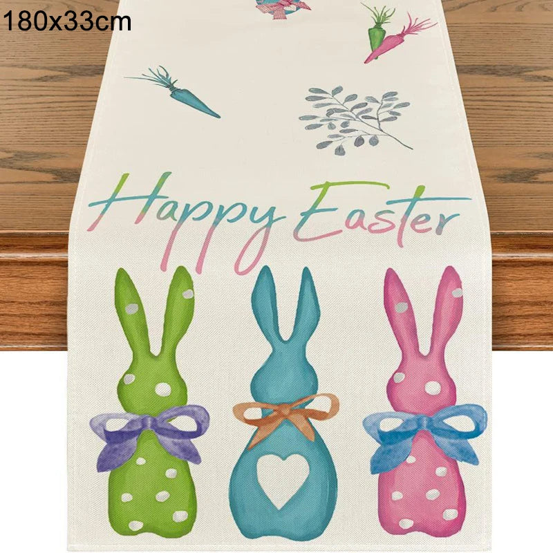 Linen Easter Table Runner Cute Bunny Dining Table Cloth 2024 Spring Holiday Happy Easter Decoration for Home Party Supplies Gift