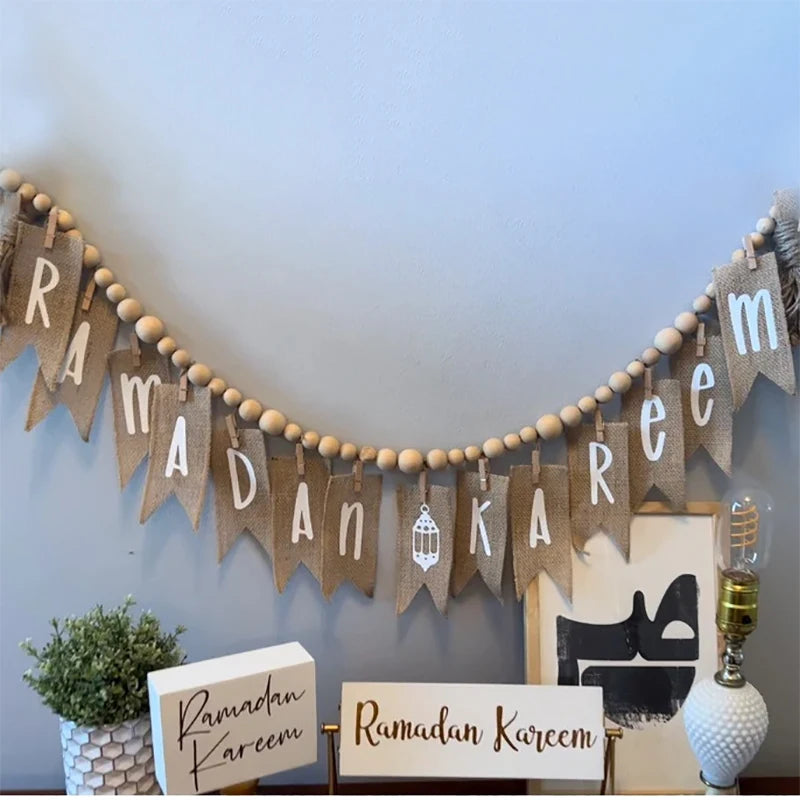 Ramadan Kareem Wood Beads Garland Banner Boho Muslim Islamic Eid Mubarak Rustic Home Wall Mantel Fireplace Decoration Sign Gift