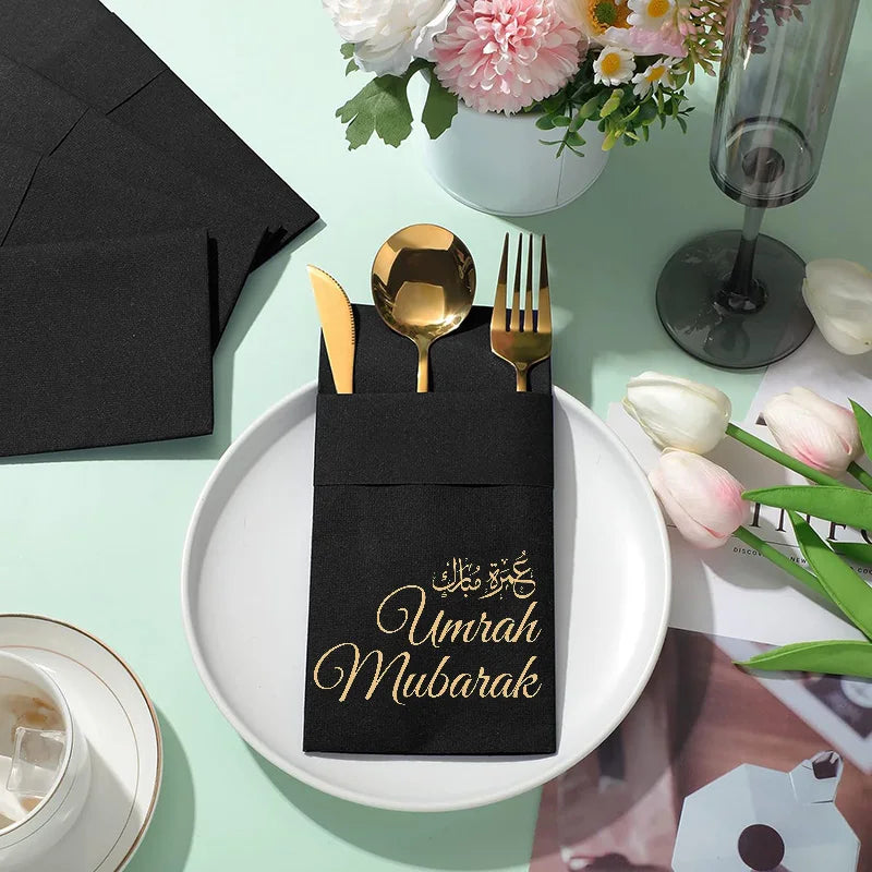 5pcs Black Arabic Umrah Mubarak Paper Napkins Cutlery Holders Muslim Islamic Ramadan Kareem Eid Dinner Table Decoration Gift
