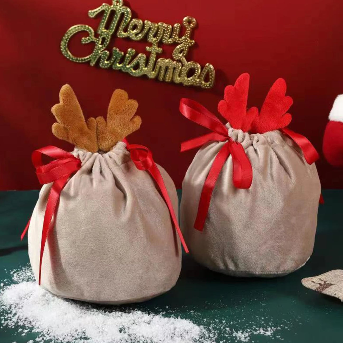 5/10Pcs Christmas Reindeer Candy Gift Bag Velvet Santa Sacks Drawstring Gift Bags Christmas Decoration Kids New Year Party Gift