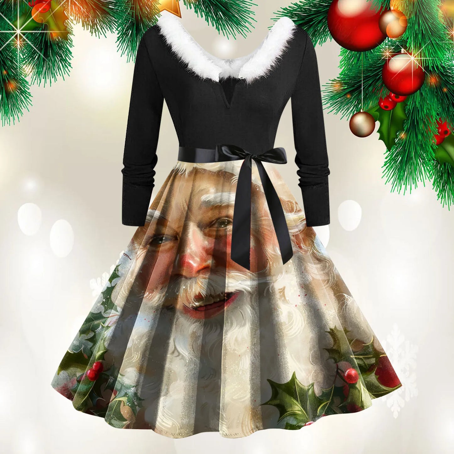 Christmas Print Vintage Dress Women Swing Robe Pinup Fur Collar Long Sleeve Party Dresses Autumn Winter A-Line Robes Vestido