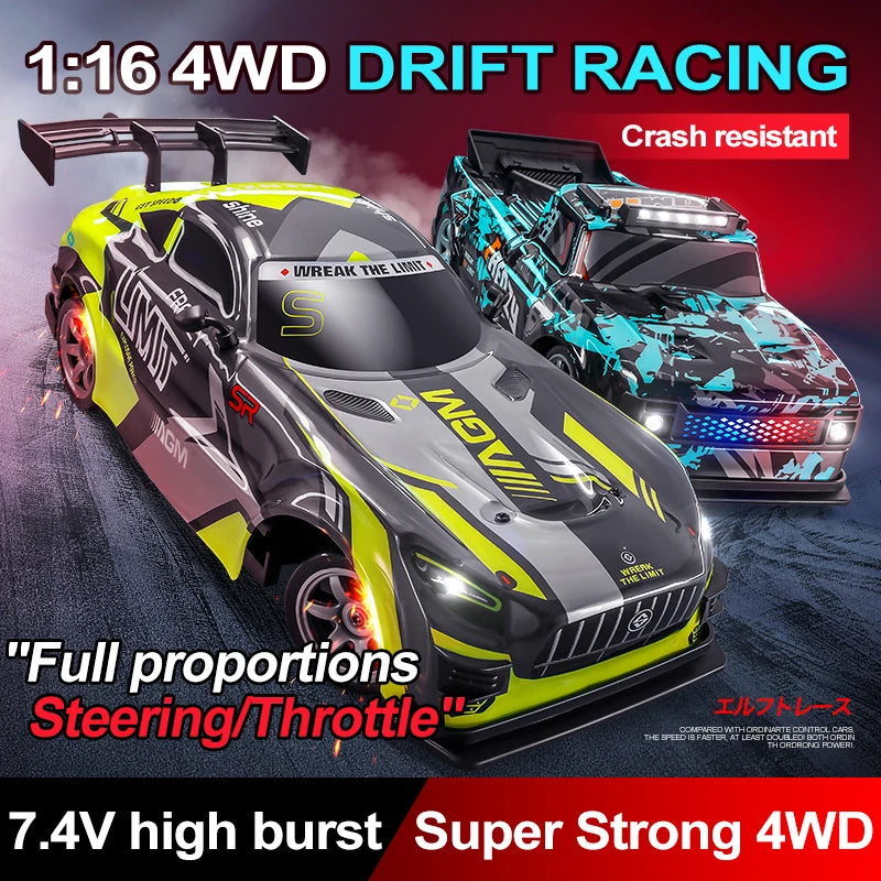 1:16 RC Four-Wheel Drive Drift Car Racing LED Lighting Competitive Remote Control High Speed Vehicle Tire Replace Kids Toys Boys