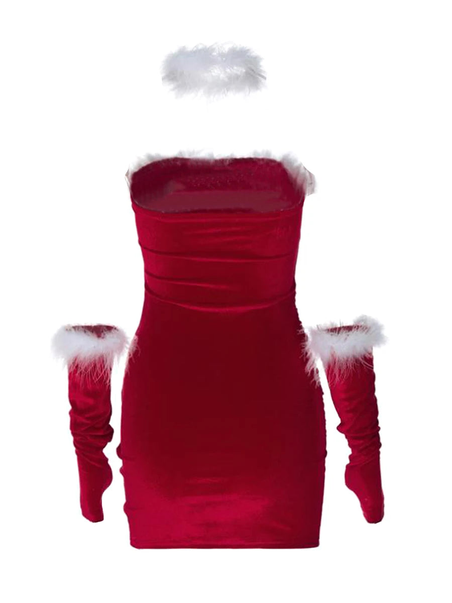 Women Christmas Red Lingerie Plush Patchwork Strapless Tube Dress Christmas Party Cosplay Costume With Arm Sleeve and Choker