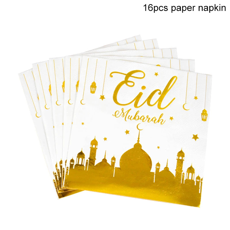 Eid Mubarak Disposable Tableware Gold Plate Cup Banner Gift Bags Islamic Muslim Party Supplies 2024 Ramadan Kareem Decorations