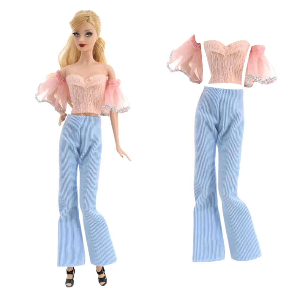 NK New Clothes for Barbie Doll Dress Fashion Pink Top+ Blue Trouseres for 1/6 Dolls Accessories Toys