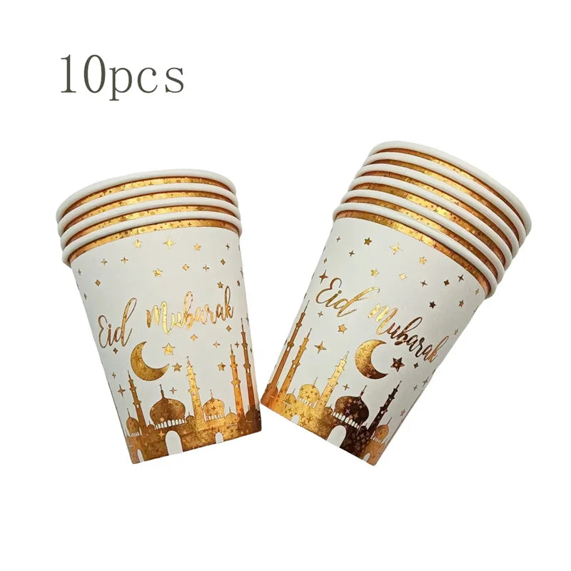 Eid Mubarak Black Gold Disposable Paper Plates Cups Napkins Ramadan Kareem Islamic Muslim Eid Al Adha Party Decor Supplies