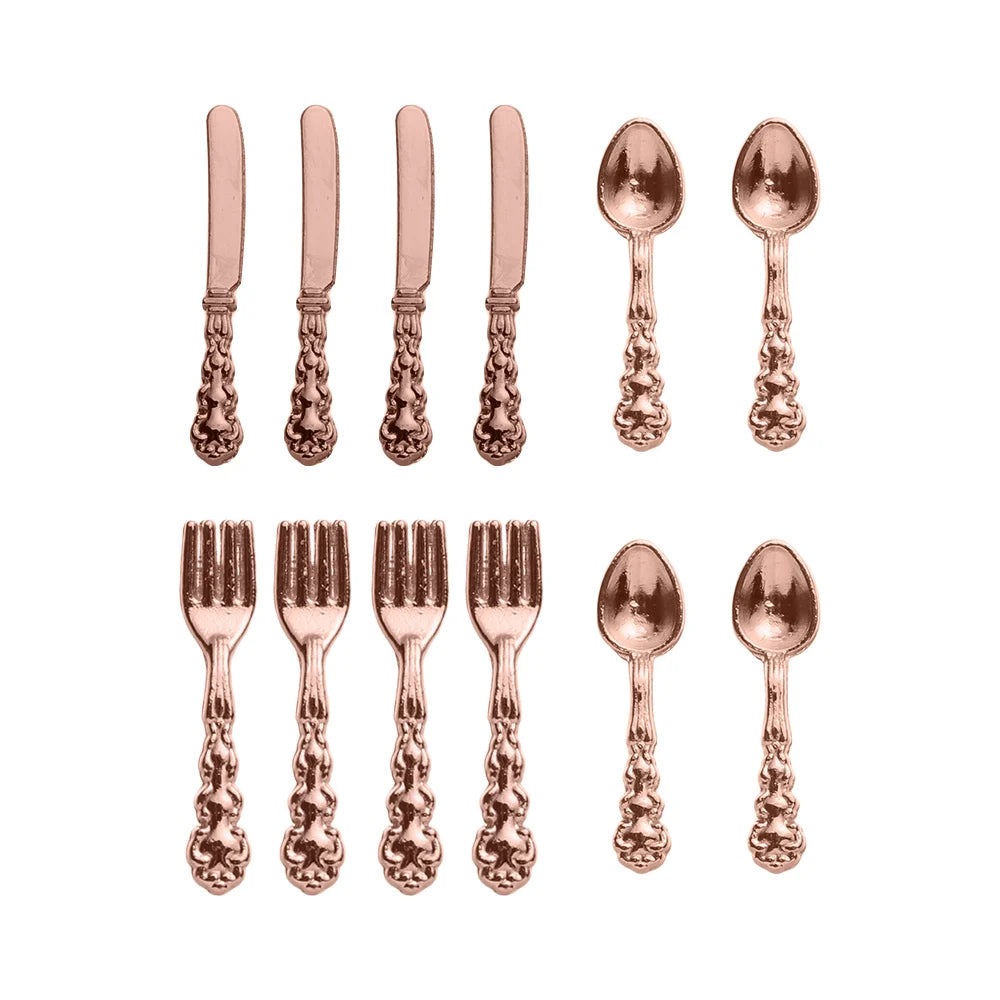 12PCS Gold Silver 1:12 Scale Simulation Toy Dollhouse Furniture Mini Cutlery Doll Accessory Fork Knife Spoon Miniature Cookware