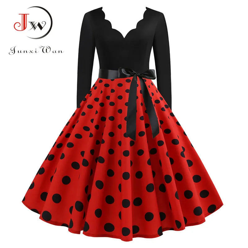 Black Big Swing Print Vintage Christmas Dress Women Winter Casual Long Sleeve v Neck Sexy New Year Party Dress S~3XL