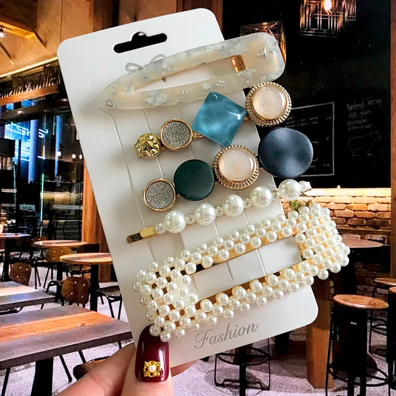 Acrylic Barrettes Headwear Pearl Hair Clip Sets for Women Fashion Geometric Hairpins Hair Accessories Headdress Girl Bobby Clip