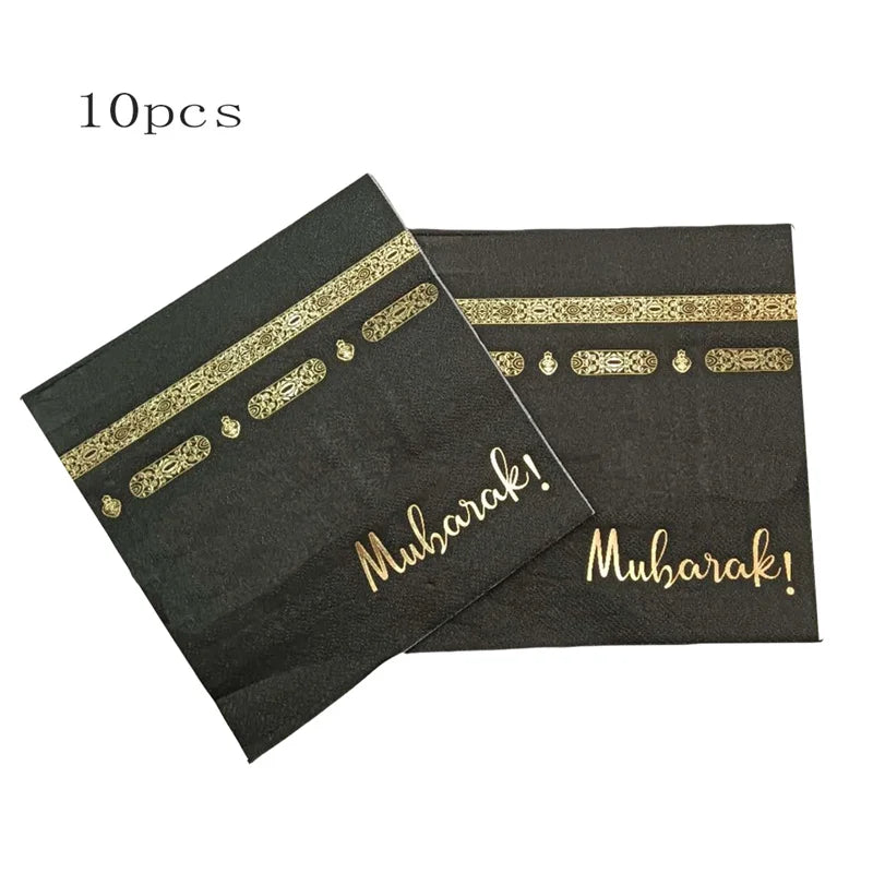 Eid Mubarak Black Gold Disposable Paper Plates Cups Napkins Ramadan Kareem Islamic Muslim Eid Al Adha Party Decor Supplies