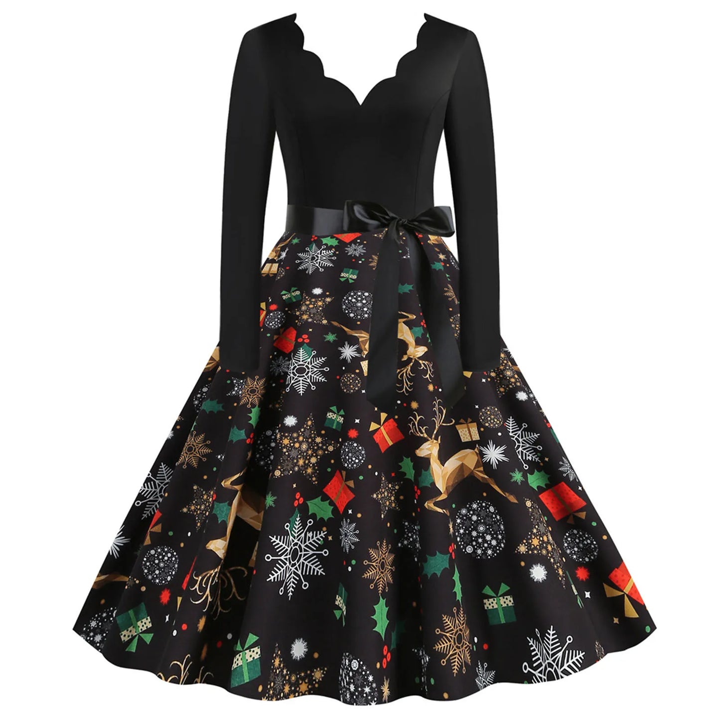 Christmas Long Sleeve Bow Belt Slim Party Women Dress Sexy Elegance Snowfalke Elk Gifts Patchwork v Neck Swing A-Line Dresses