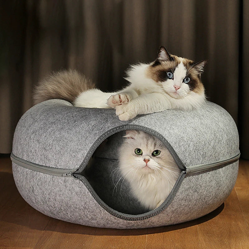 Donut Cat Bed for 2 Cats Detachable Pet Cat Tunnel Interactive Game Toy Dual-Use Felt Indoor Kitten Sports Equipment Cat Supplie