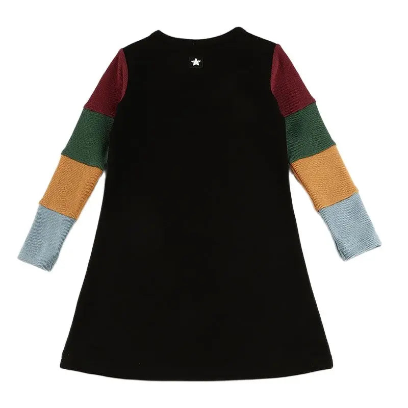 3t-12t Girls Dresses Fall Long Sleeve Clothes Children Color Block Casual T-Shirt Dresses Fashion Cotton Ribbed Knit Midi Dress