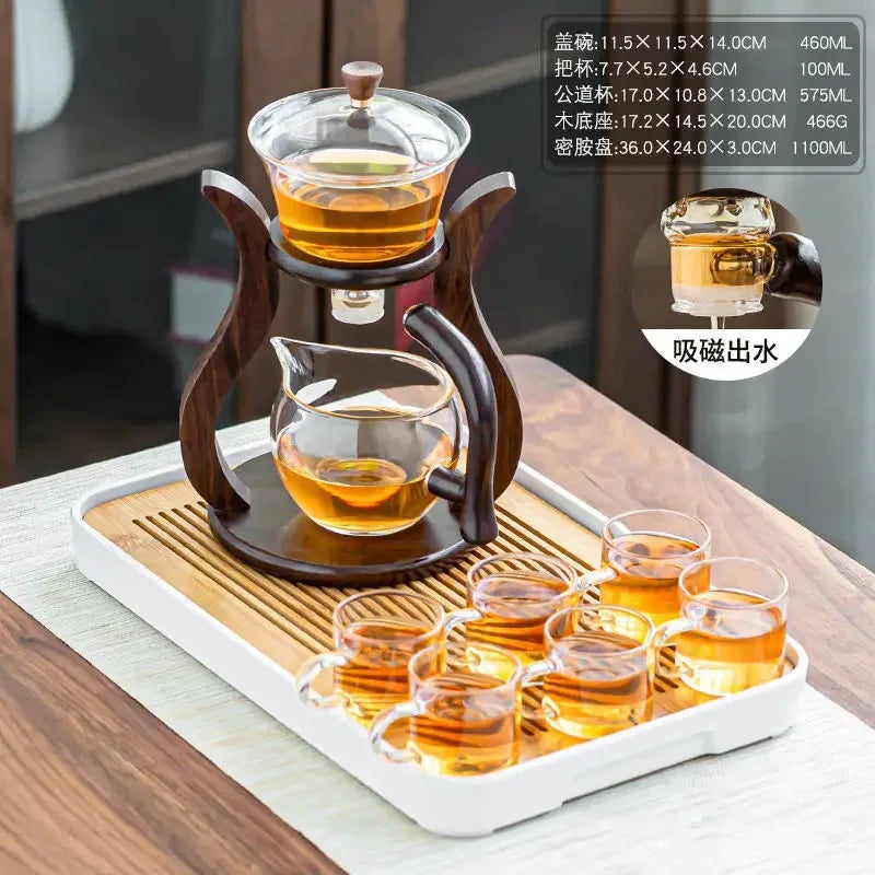 Lazy Kungfu Glass Tea Set, Magnetic Wooden Handle Tea Pot Set, Semi Automatic Drip Rotating With Infuser Glass Teapot Set