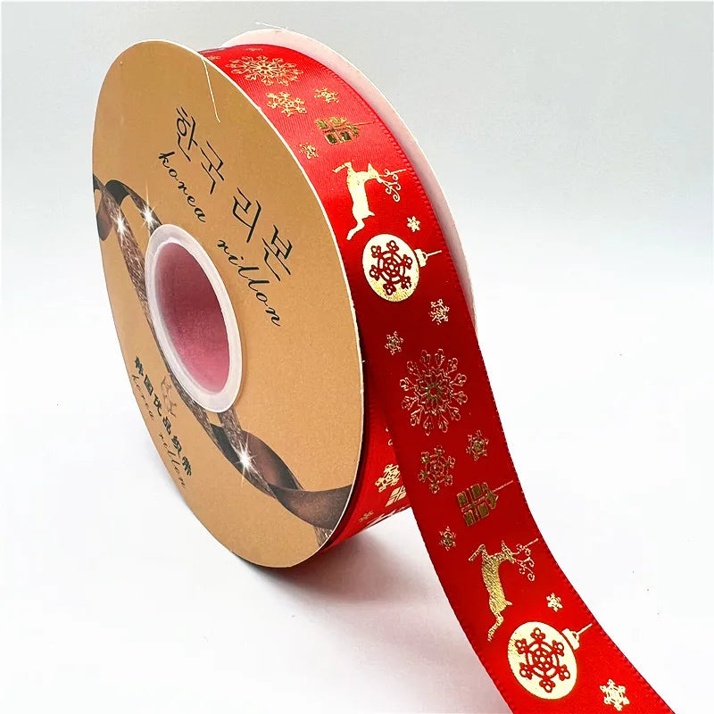 5yards 25mm Christmas Ribbon Printing Polyester Ribbon for Handmade Bow Party Christmas Decorations DIY Christmas Gift Wrapping