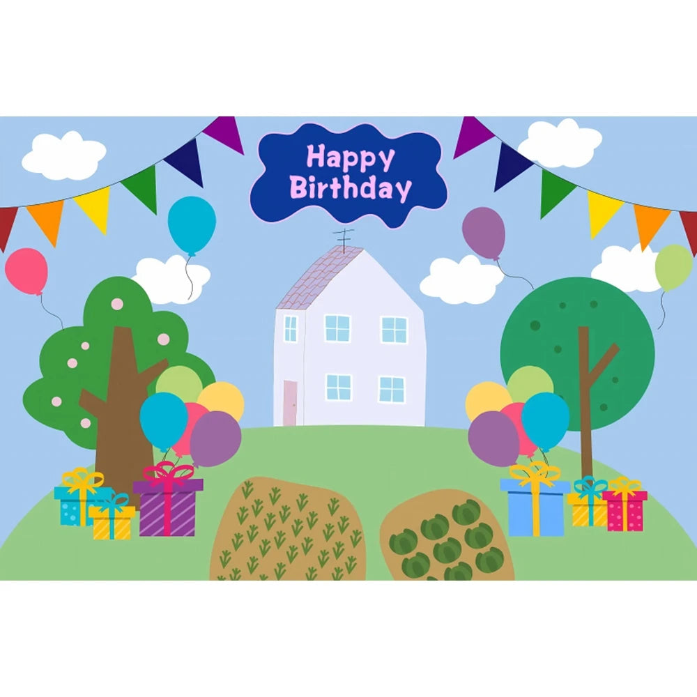Spring Sky Cloud Tree Balloon Backdrop Children 1th Birthday Party Baby Shower Blue Banner Pig House Photography Background