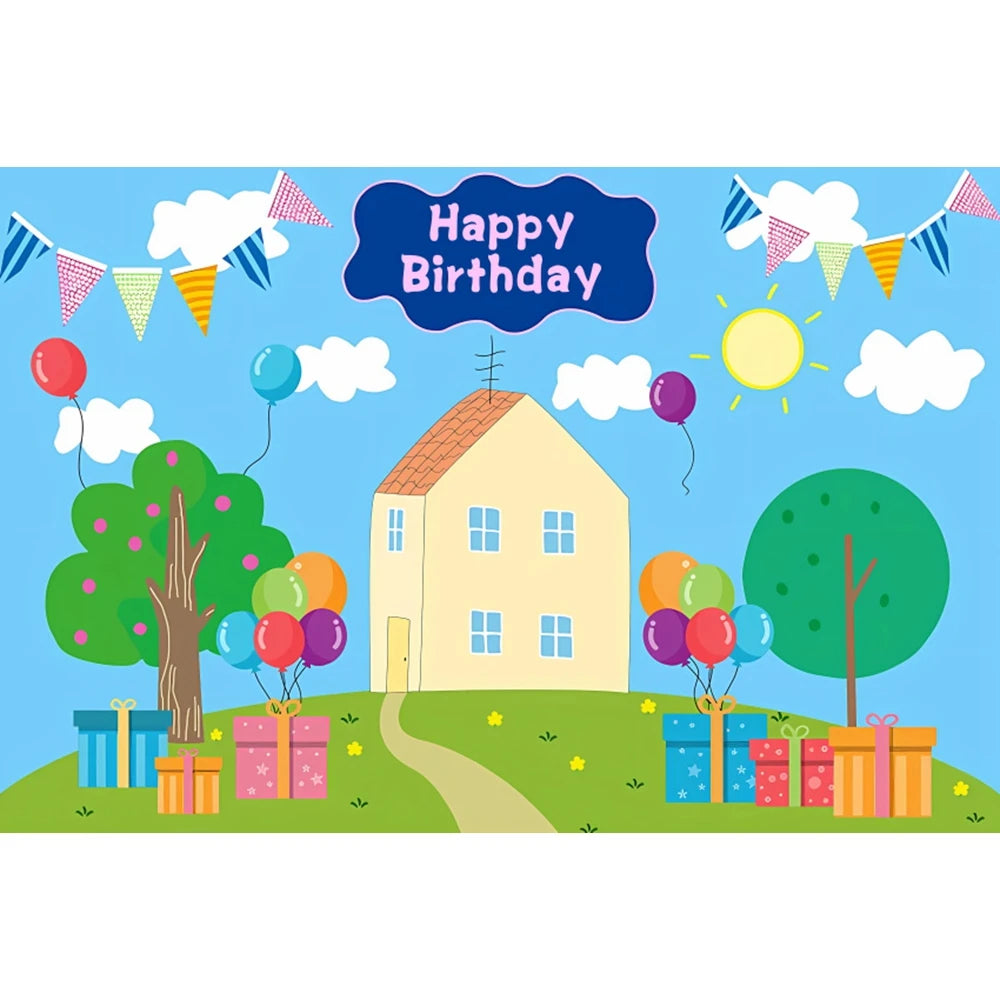 Spring Sky Cloud Tree Balloon Backdrop Children 1th Birthday Party Baby Shower Blue Banner Pig House Photography Background