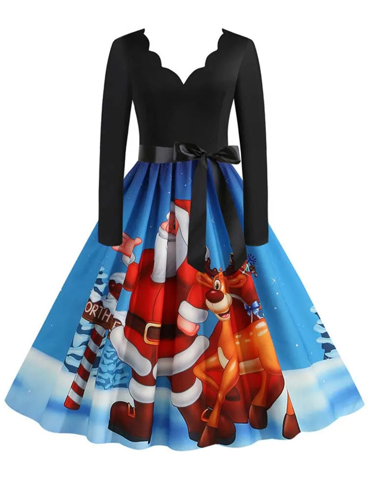 Black Big Swing Print Vintage Christmas Dress Women Winter Casual Long Sleeve v Neck Sexy New Year Party Dress S~3XL