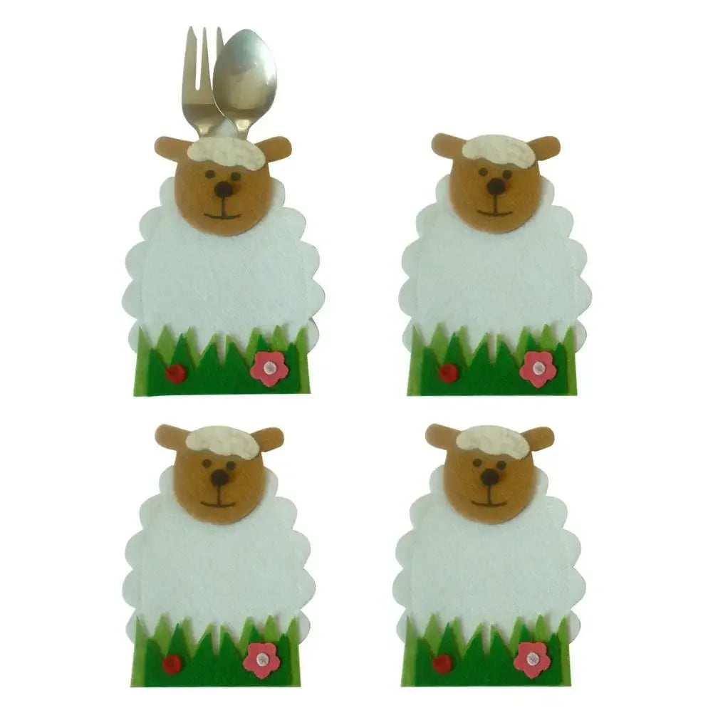 4Pcs/Set Easter Knife Fork Bags Non-Woven Cartoon Sheep Easter Rabbit Cutlery Holder Bag Tableware Organizer Easter Decorations