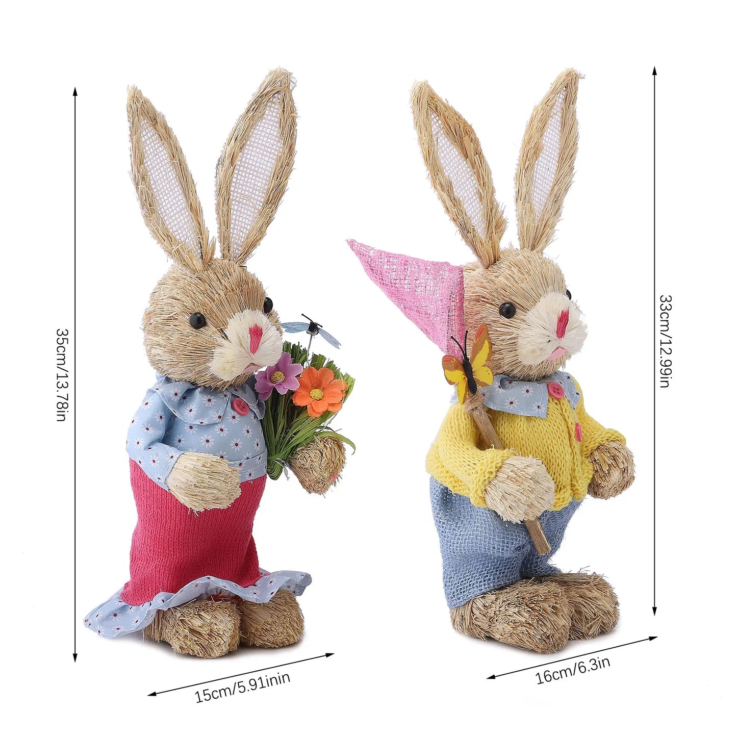 2PCS Straw Rabbit 2024 Easter Bunny Ornament Party Decorations Holiday Home Garden Wedding Decor Crafts Photo Props 25/35cm