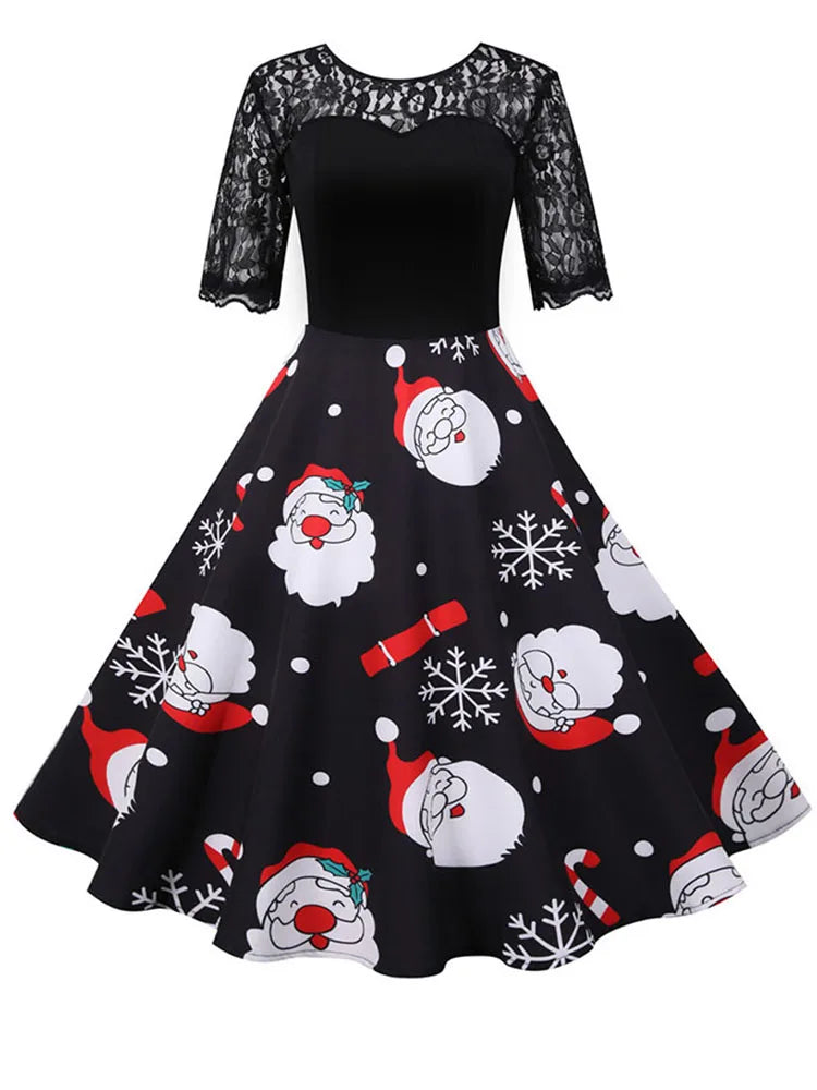 Lace Christmas Dress Women New Short Sleeve Print High Waist Elegant Vintage Winter Xmas Party Sundress 3XL Robe