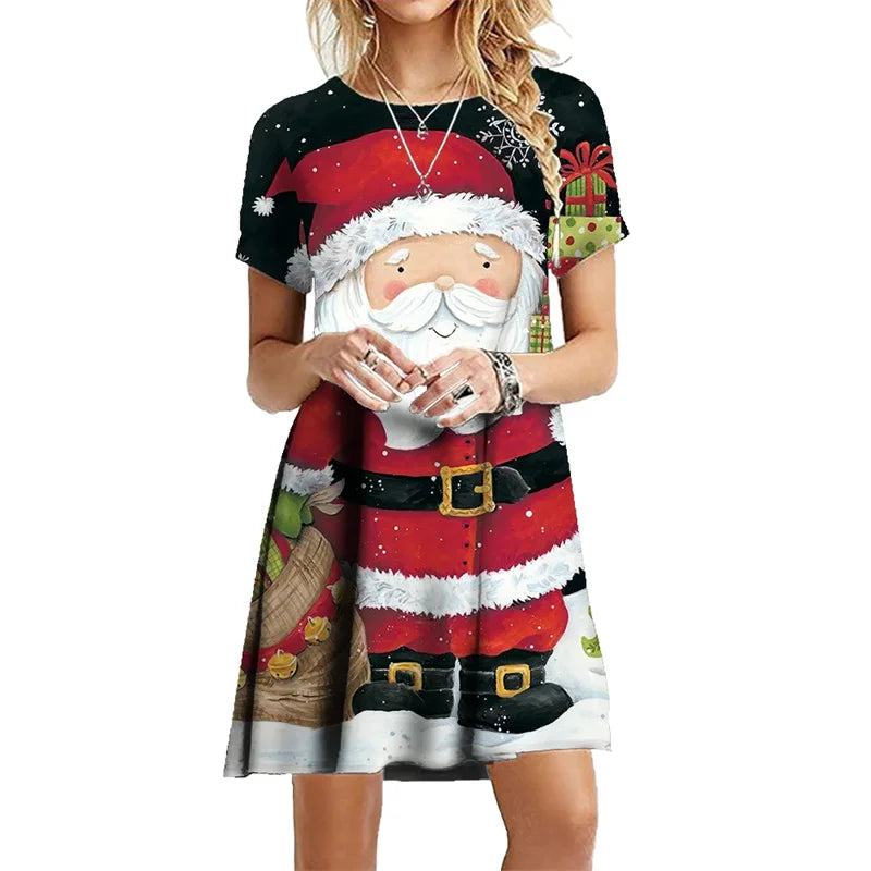 2024 Fashion Women Christmas Party Dresses Casual Cute Cartoon Santa Print Dress Loose Short Sleeve A-Line Dress