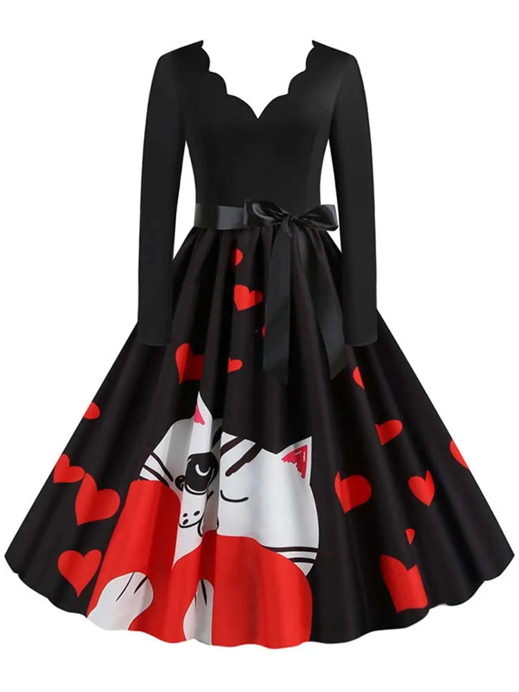 Black Big Swing Print Vintage Christmas Dress Women Winter Casual Long Sleeve v Neck Sexy New Year Party Dress S~3XL