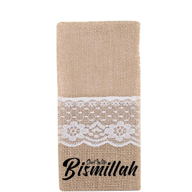 5pcs Start With Bismillah Cutlery Holder Bags Eid Mubarak Ramadan Kareem Al-Fitr Muslim Islamic Iftar Table Decoration Mom Gift