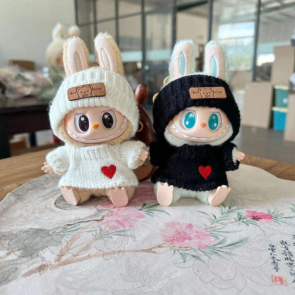 Cute Labubu Bunny Doll Accessories With Knitted Clothes Rabbit Ears Hat Heart Sweater for Toy Collectors Labubu Clothes