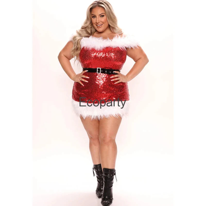 2023 Women Christmas Dress Sexy Feather Sleeveless Off Shoulder Bodycon High Waist Mini Dress New Year Party Xmas Costume