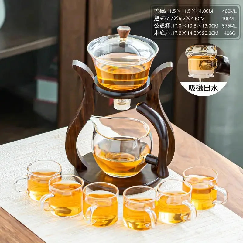 Lazy Kungfu Glass Tea Set, Magnetic Wooden Handle Tea Pot Set, Semi Automatic Drip Rotating With Infuser Glass Teapot Set