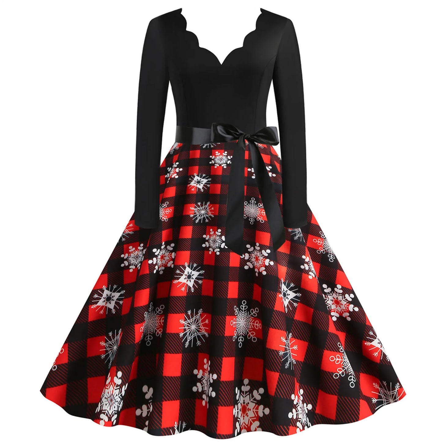 Christmas Long Sleeve Bow Belt Slim Party Women Dress Sexy Elegance Snowfalke Elk Gifts Patchwork v Neck Swing A-Line Dresses
