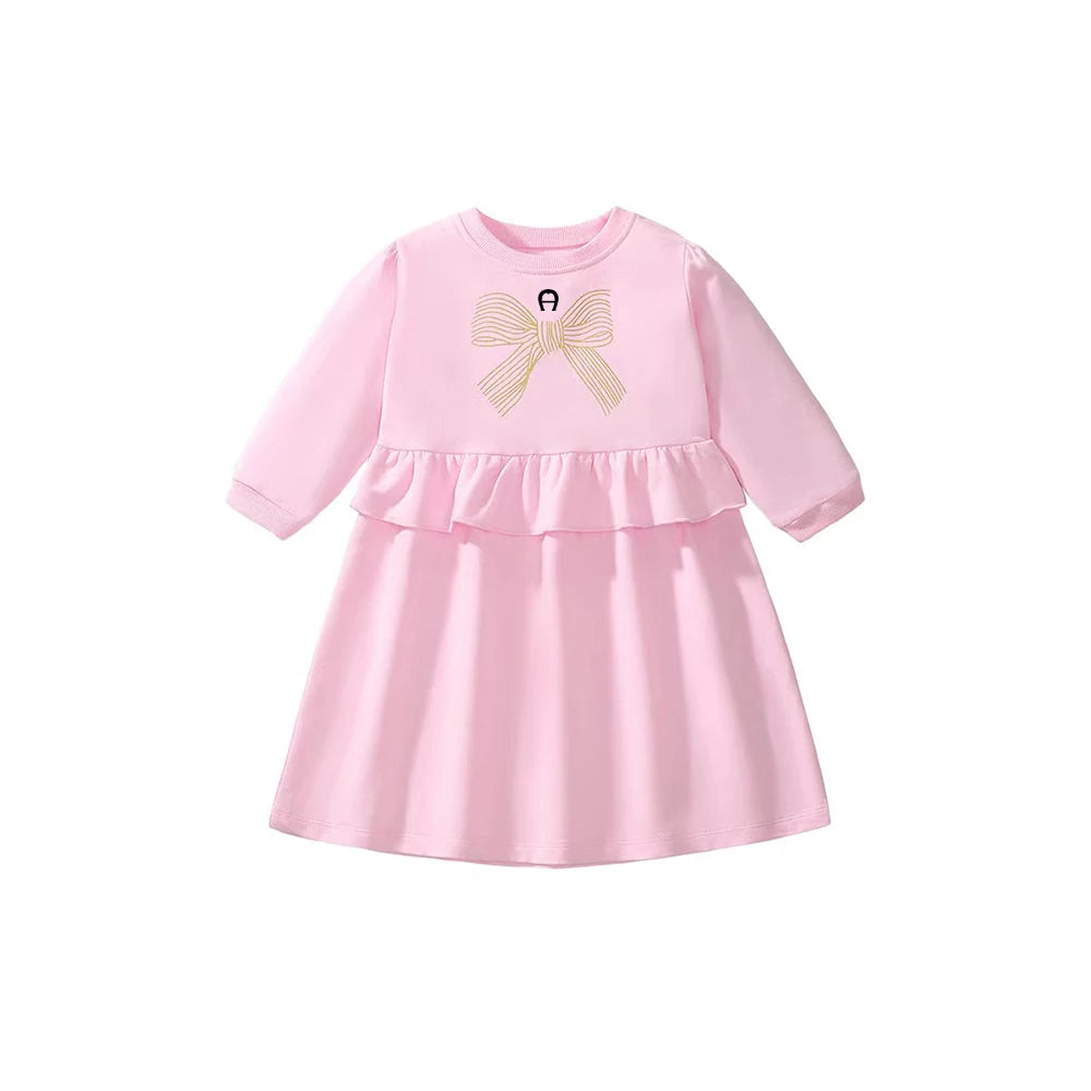 Sweet Beauty Baby Clothing Autumn New Bow Print Dress Pure Cotton Round Neck Long Sleeved Pink Girls' Casual Dress