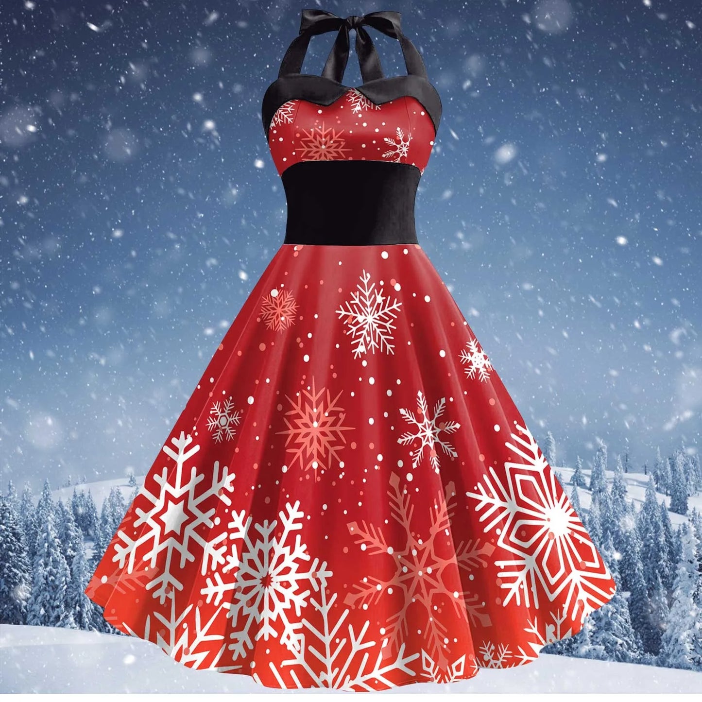 Red Christmas Snowflake Elk Print Halter Dresses for Women Sexy Backless Cocktail Party Dress 50s 60s Pin Up Rockabilly Dress