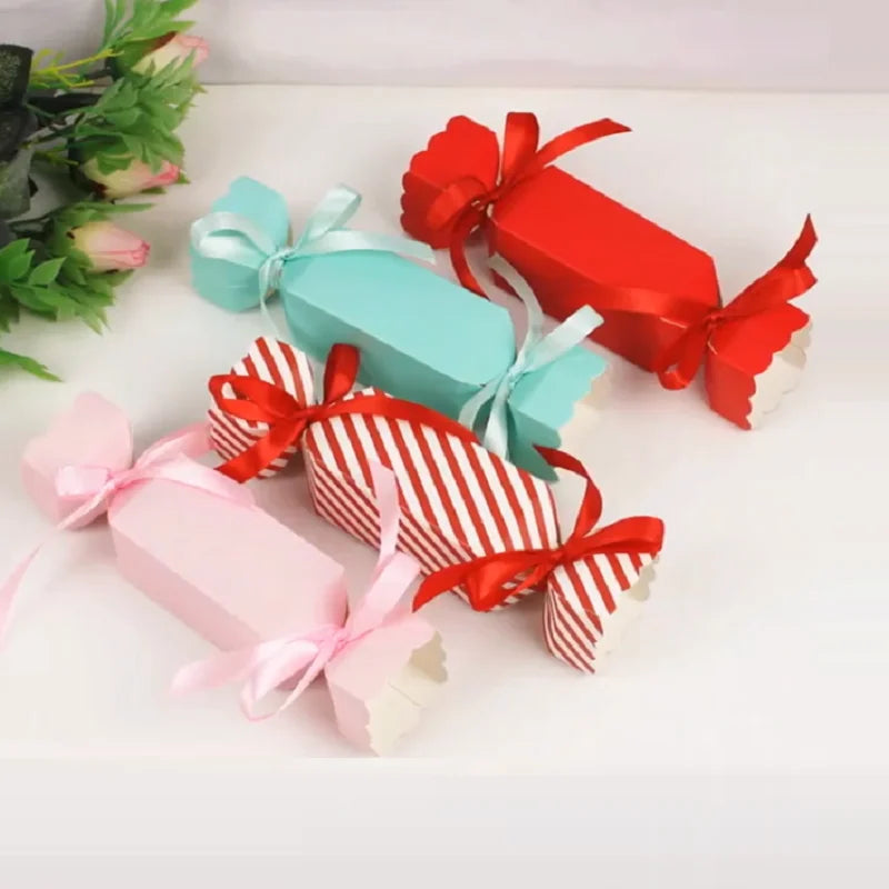10pcs Candy Box for Christmas With Ribbons DIY Sweets Chocolate Cookies Decoration Party Gift Xmas Wedding Paper Packaging Boxes