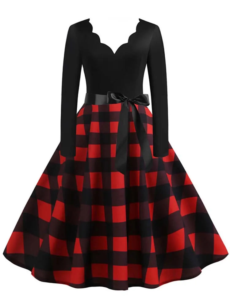Black Big Swing Print Vintage Christmas Dress Women Winter Casual Long Sleeve v Neck Sexy New Year Party Dress S~3XL