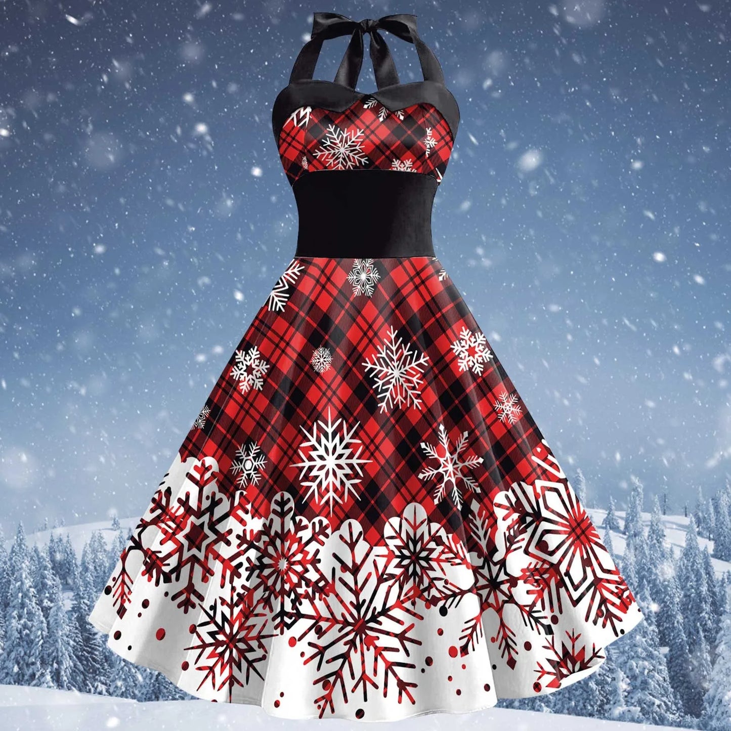 Red Christmas Snowflake Elk Print Halter Dresses for Women Sexy Backless Cocktail Party Dress 50s 60s Pin Up Rockabilly Dress