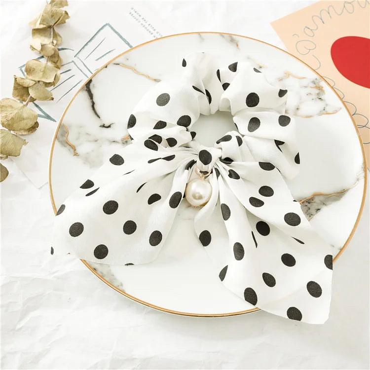 Chiffon Hair Scrunchies Women Fashion Pearl Ponytail Holder Hair Tie Hair Rope Rubber Bands Hair Accessories Bowknot Headwear