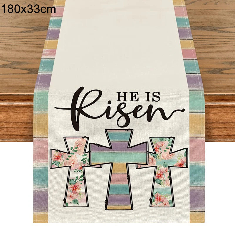 Linen Easter Table Runner Cute Bunny Dining Table Cloth 2024 Spring Holiday Happy Easter Decoration for Home Party Supplies Gift