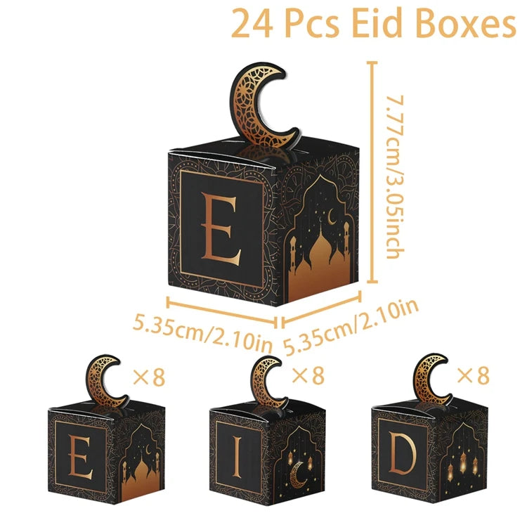 24Pcs Eid Mubarak Candy Gift Box Eid Black White Packaging Box Ramadan Decoration 2024 Islam Muslims Festive Party Supplies
